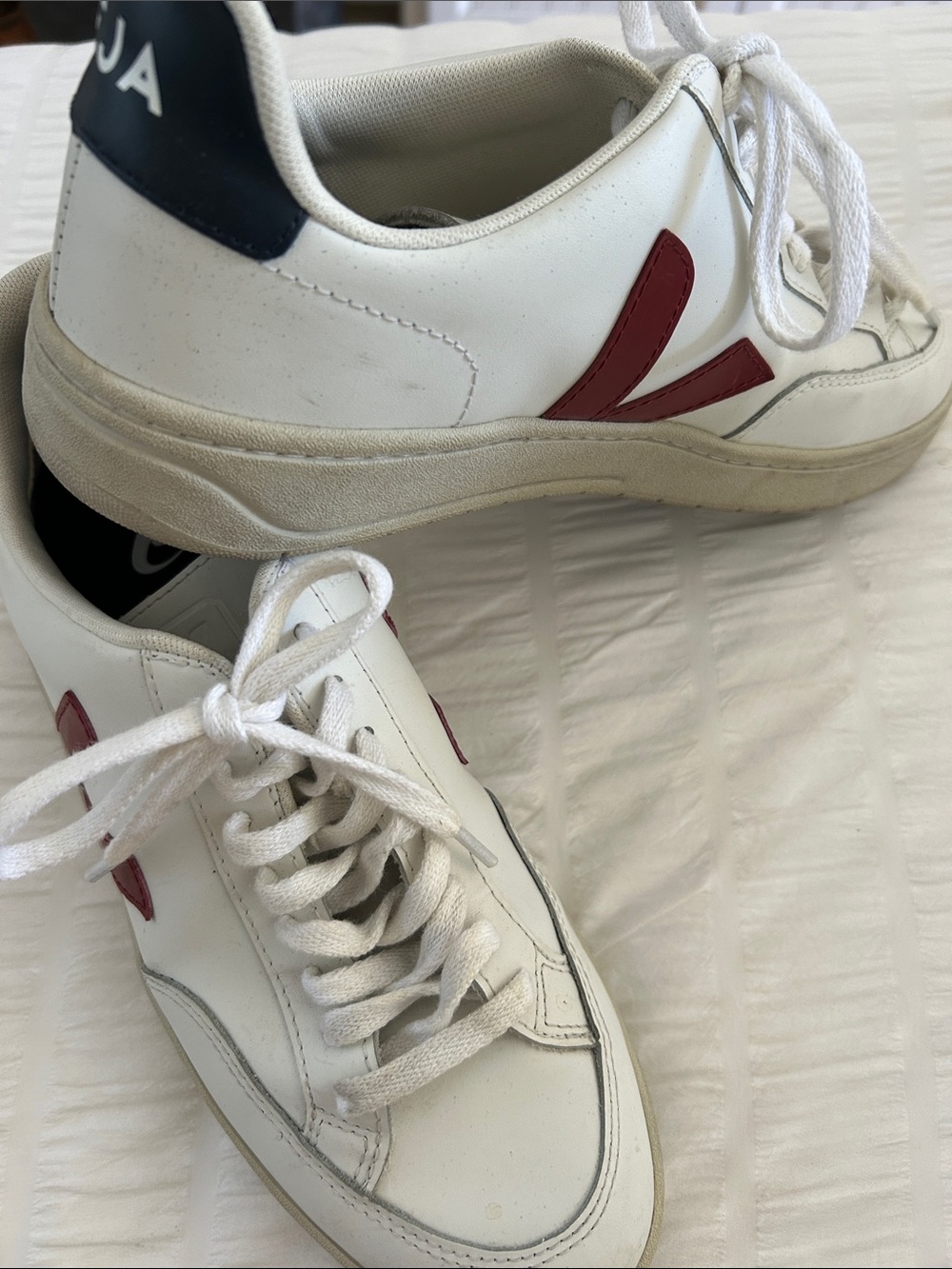 Veja White Leather Sneakers with Red V-Logo and Navy Heel